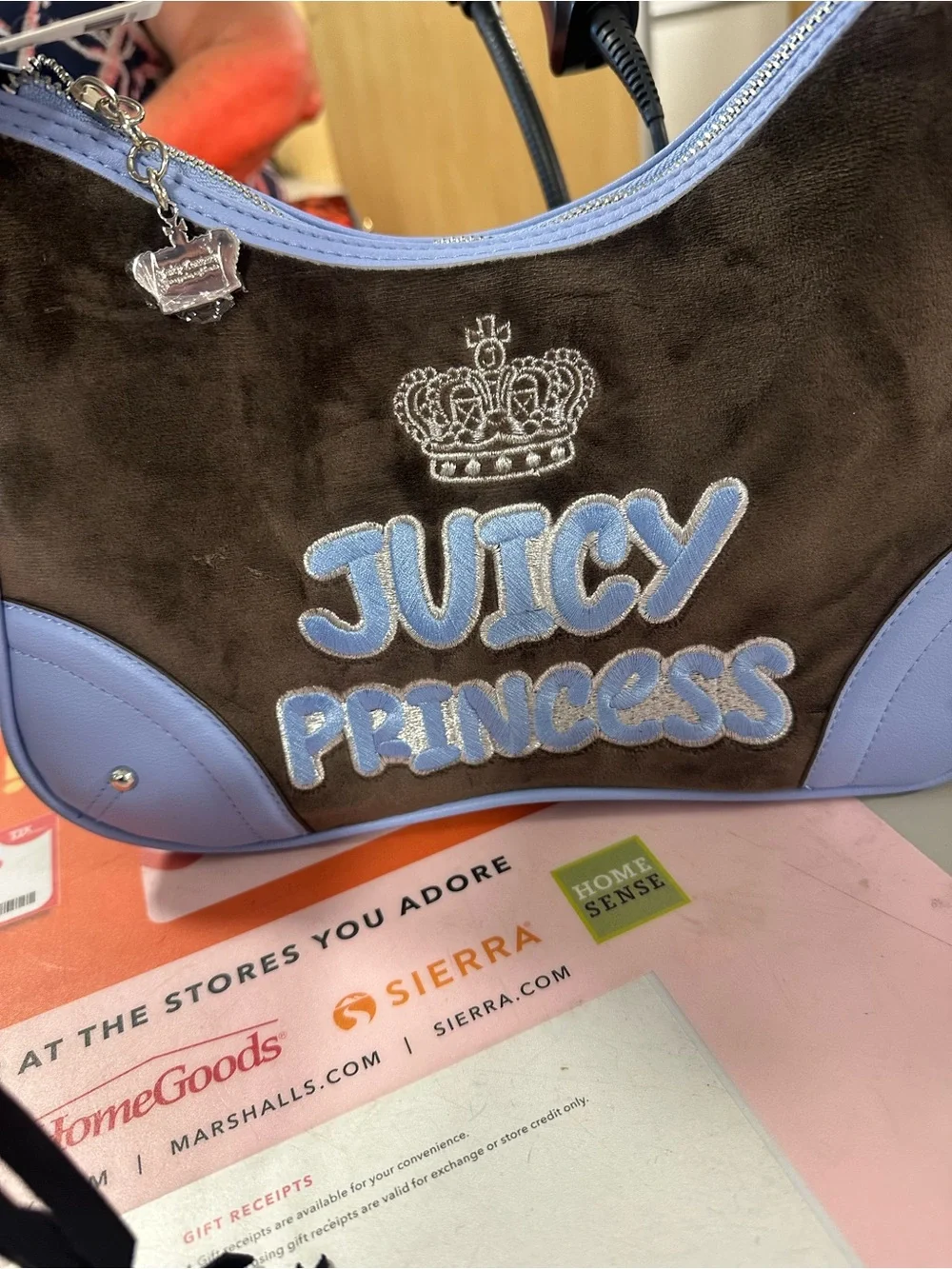 New Juicy Couture chocolate brown princess Shoulder Bag with sky blue trim